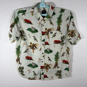 RVCA Shirt Mens Large Green Button Up Easy Fit Nature‎ Floral Birds Bear